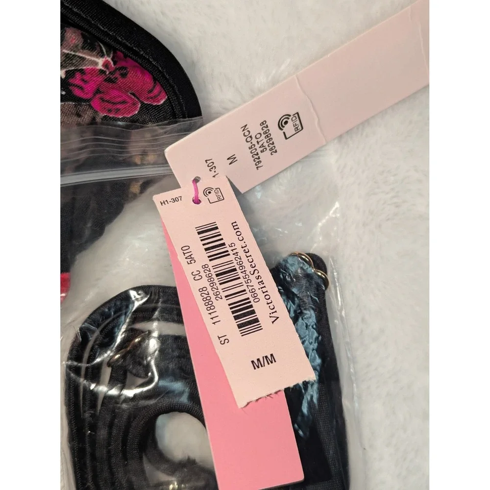 Victoria's Secret Swim Floral Bandeau Bikini Top Logo Band Black Multi M NWT‎